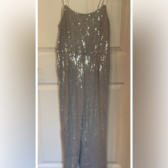 Anthropologie sequin Jumpsuit Women Silver Gray Stretch Coastal Disco Occasion - Picture 4 of 16